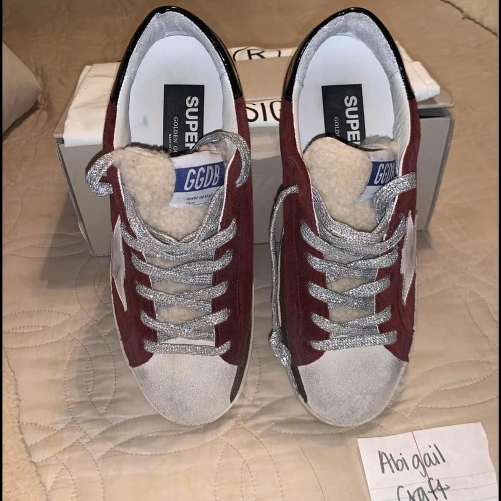 burgundy shearling golden goose superstar